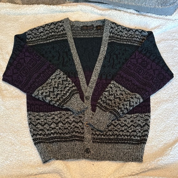 Michael Gerard Vintage Gray and Purple Nordic Boho Cardigan Sweater - Picture 1 of 3